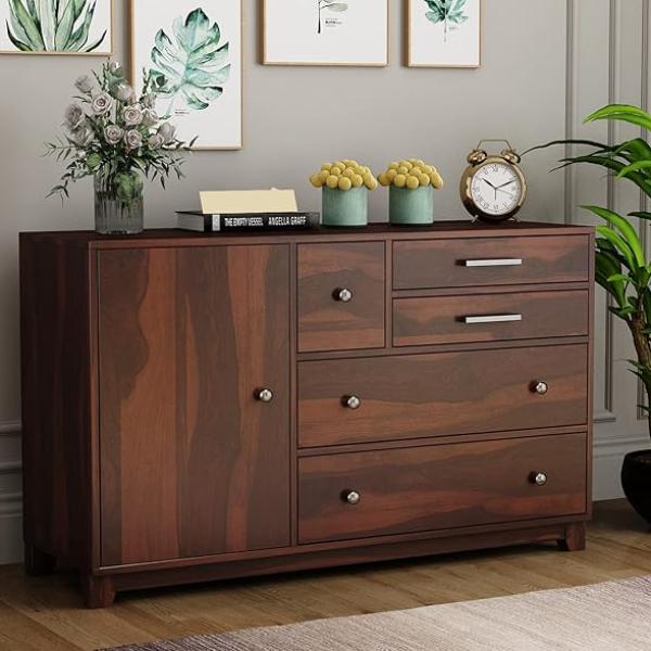 Bedosoft Furniture Solid Sheesham Wood Wooden Sideboard Cabinet & Chest of Drawers with 4 Drawer and 3 Shelve Storage | Multipurpose Storage Cabinet Rack for Bedroom Home Living Room