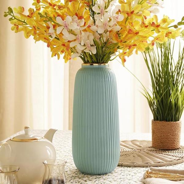 Light Blue Ribbed Ceramic Vase - Large